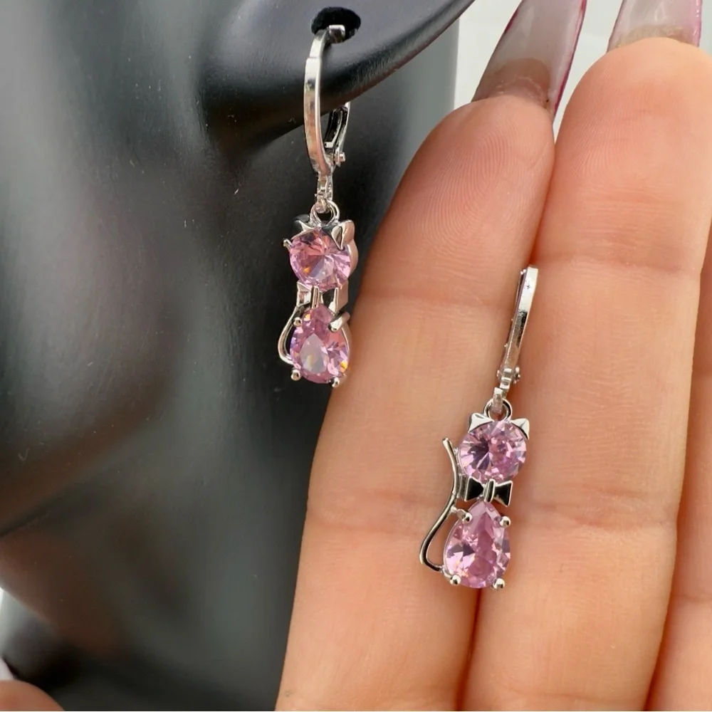 New Silver 925 Pink Cat Earrings